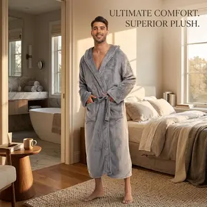 Men's Plush Hooded Bathrobe - Winter Warm Fleece Robe Soft Flannel Long Robe with Pockets Full Length Cozy Loungewear for Home Spa Relaxation Comfortable Thick Fabric Perfect for Cold Weather