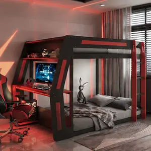 Full-Size Gaming Bunk Bed with Side-Mounted Oversized RGB Desk, USB Charging Ports & Cable Grommet, LED Light Strip, Heavy-Duty Esports Loft Frame, Cool Design Red, for Bedroom, Dorm, Gaming Room, Bedroom Furniture for Bedroom, Guest Room