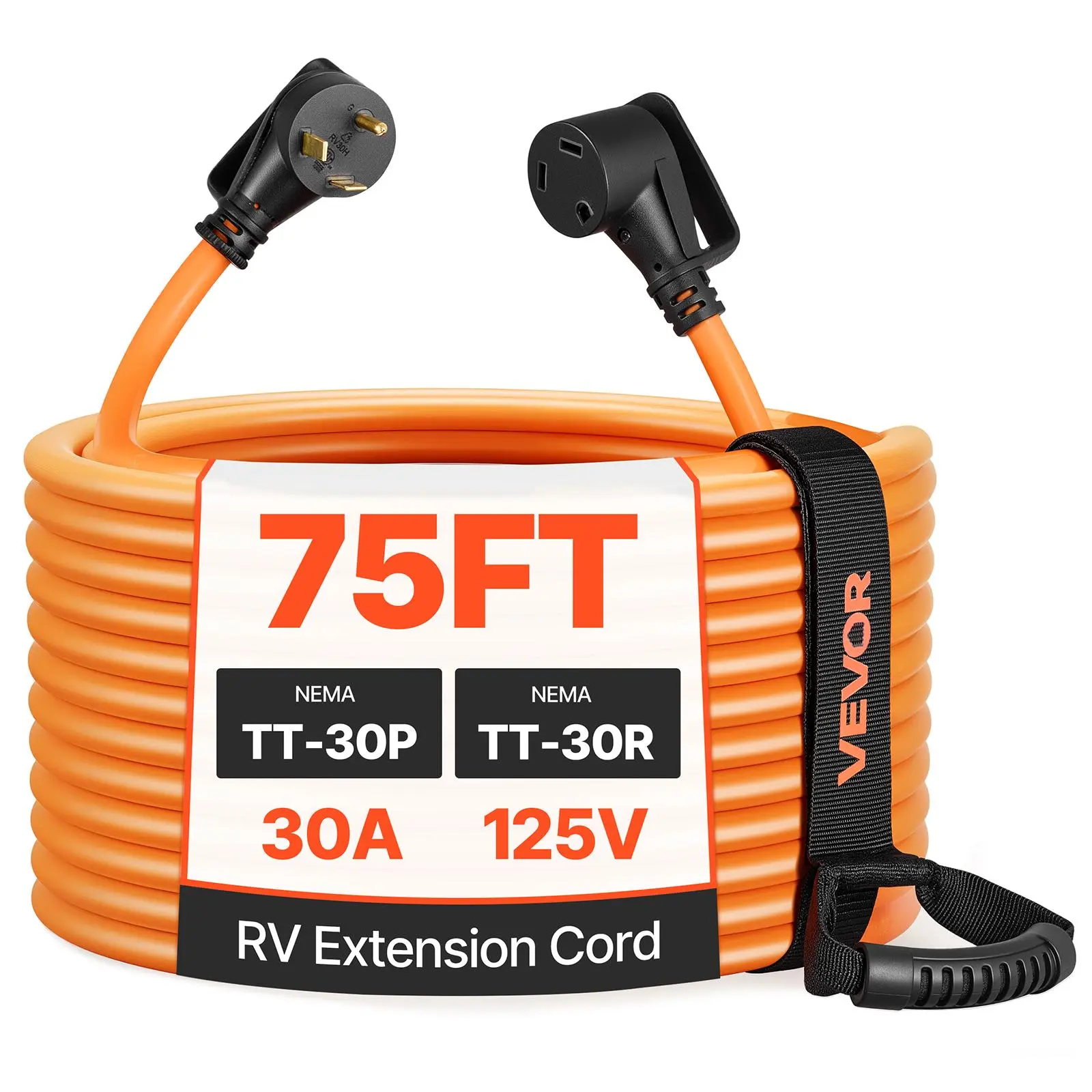 【Summerfinds】VEVOR 30 Amp 75 Feet RV Extension Cord, 125V 2500W, Heavy Duty 10/3 Gauge STW RV Power Cord, NEMA TT-30P to NEMA TT-30R, with Power Indicator, Cord Organizer, 15A Adapter, for Camper Travel Trailer