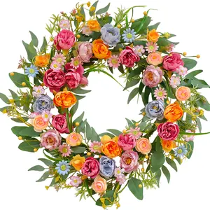Egolot 22 Inch Spring Summer Peony Wreath with Colorful Wildflowers & Eucalyptus for Front Door Indoor & Outdoor All Seasons Everyday Home Decor floral