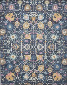 HomeRoots 385239 Floral Pattern Rug, 8 x 10 ft Navy Blue Floral Buds Area Rug for Home Living Spaces