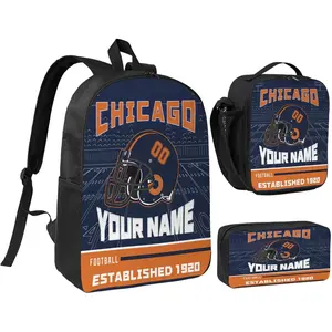Custom Chicago Backpack 3pcs Set Laptop Bag Lunch Bag and Pencil Case for Boys Girls Personalized Name Number Lunch Box Gifts for Men Women Fans