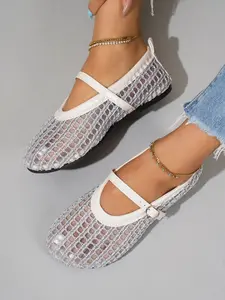 Pure Tone Hollow Out Mesh Mary Jane Flat Shoes, Round Toe Breathable Ballet Flats, Buckle Decor, Fairy Style Fashion Shoes for Women