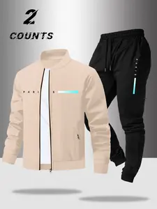 Men's Casual Fashion Set, Blue Gradient Print Jacket & Drawstring Pants, Spring Fall Outdoor Wear, Fitted Style