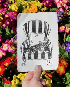Tuxedo Cat Vintage Chair Handmade Linocut Print on Handcrafted Deckled edge Paper Feline Pet Artwork Tabby Cat on a Striped Chair