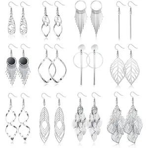 FINREZIO 12 Pairs Drop Dangle Earrings Set for Women Girls Boho Earrings for Women Dangling Hypoallergenic Silver Tassel Earrings Wave Leaf Long Bar Statement Dangly Earrings for Women Set Daily