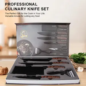 6-Piece Kitchen Knife Set – Black Professional Chef Knife Collection, ultra-sharp blades, non-stick stainless steel surface, ergonomic wood grain handle, stylish premium kitchen knife set for meat cutting, ideal gift for Christmas and Thanksgiving.