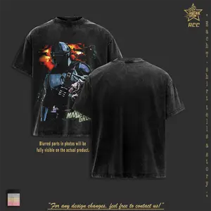Retro Mandalorian and Grogu: Din Djarin Space Galaxy Warriors Edition Double-Printed Oversize Lightweight Acid-Washed Premium Cotton T-Shirt & Tank Top, Classic Soft Relaxed Fit Apparel, TV/Film Graphic Streetwear Menswear Top
