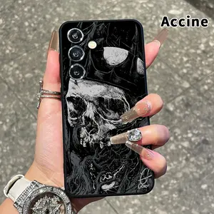 Skull in the Abyss Pattern Straight Edge Phone Case Compatible with Samsung Galaxy S26 S23 Ultra S24 Plus S25 S22 Shockproof Drop Protection Rugged Durable Liquid Silicone Cover Cellphone Protective