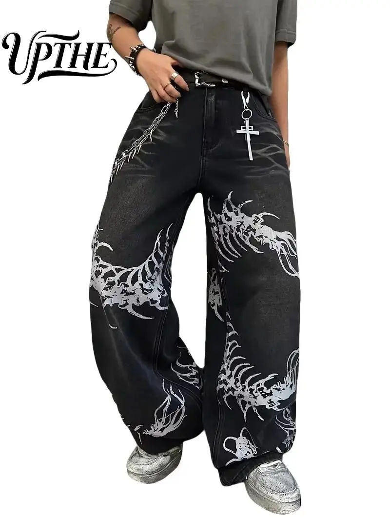 UP.THE Y2K Men's Black Denim Pants, Loose-Fit Wide-Leg Menswear with Stylish Centipede Graphic, Casual Vibe Hip Hop Classic Baggy Jeans Streetwear