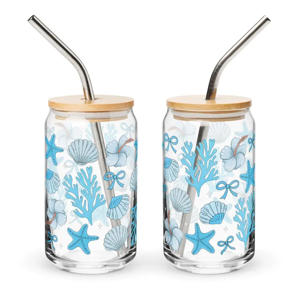 Coquette Blue Seashells Glass Cup 16oz