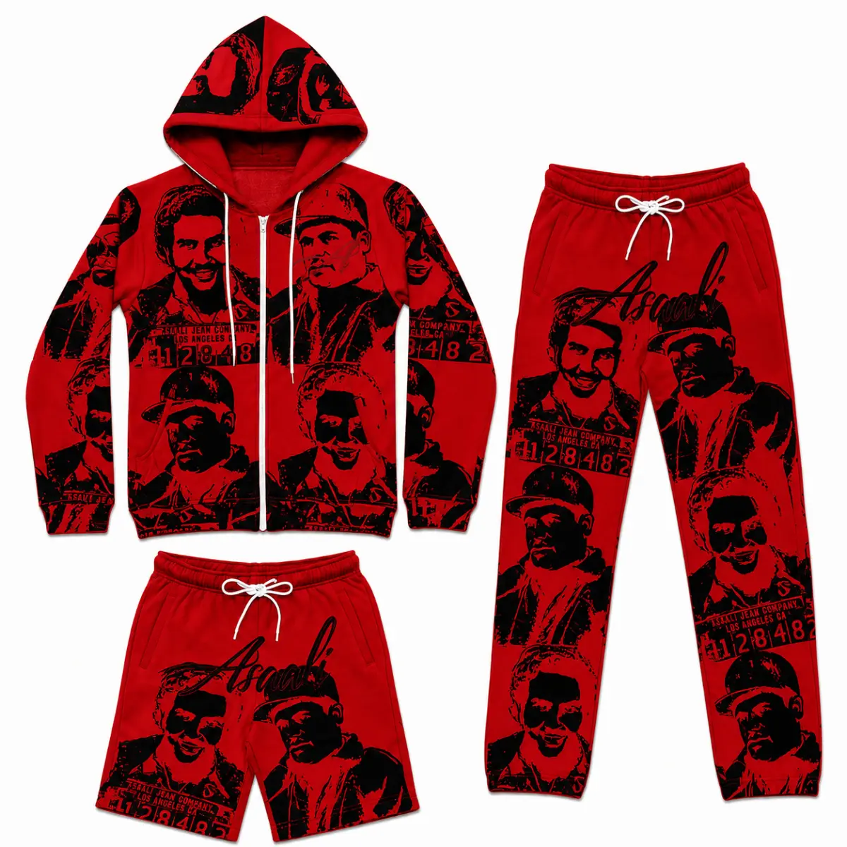 Asaalii Vintage Mugshot Graphic 3 Piece Tracksuit Set, Zip Up Hoodie Jogger Pants & Shorts, Urban Streetwear Matching Outfit