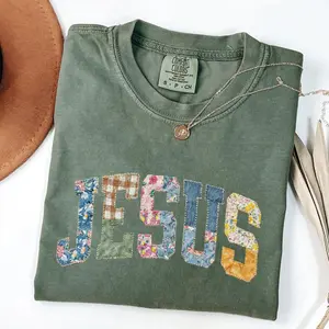 Comfort Colors Jesus Shirt Vintage Patchwork Style Christian Graphic Tee Floral Fabric Lettering Faith Outfit Womenswear & Underwear - Women's Tops - T-Shirts