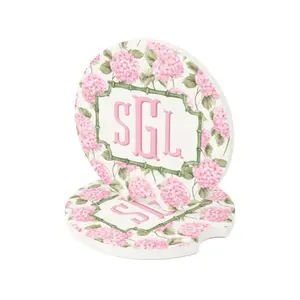 [BUY 2 SAVE 50%] Pink Hydrangea Car Coasters, Custom Monogram Soapstone Auto Accessories, Gifts