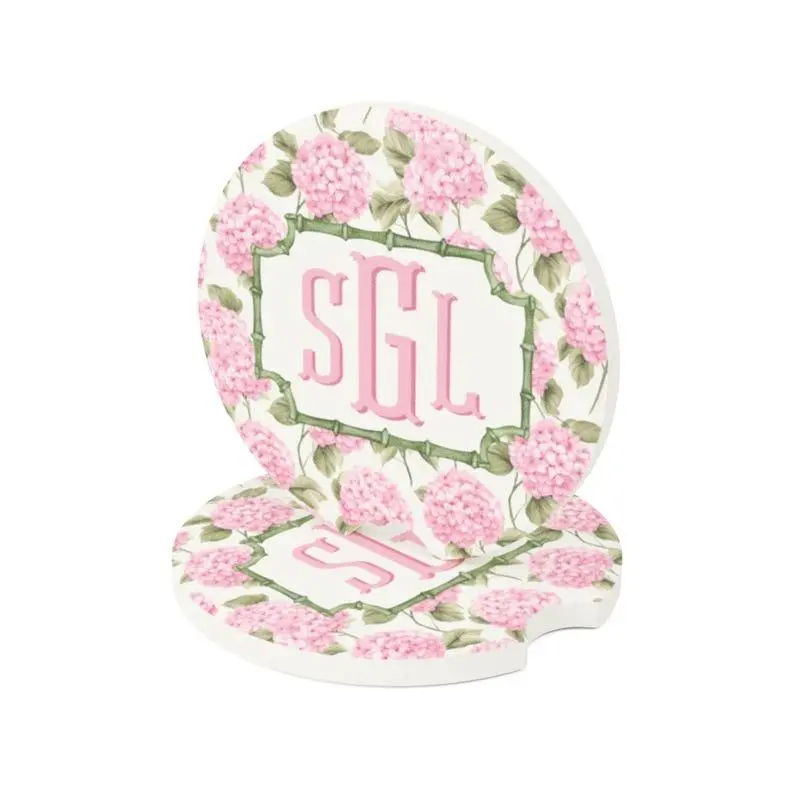 [BUY 2 SAVE 50%] Pink Hydrangea Car Coasters, Custom Monogram Soapstone Auto Accessories, Gifts