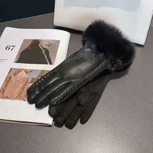 Fashion PU Leather Women's Gloves for Cold Weather Cuff Thermal Lining Winter Warm Gloves with Faux Fur Trim Gift Party Gloves
