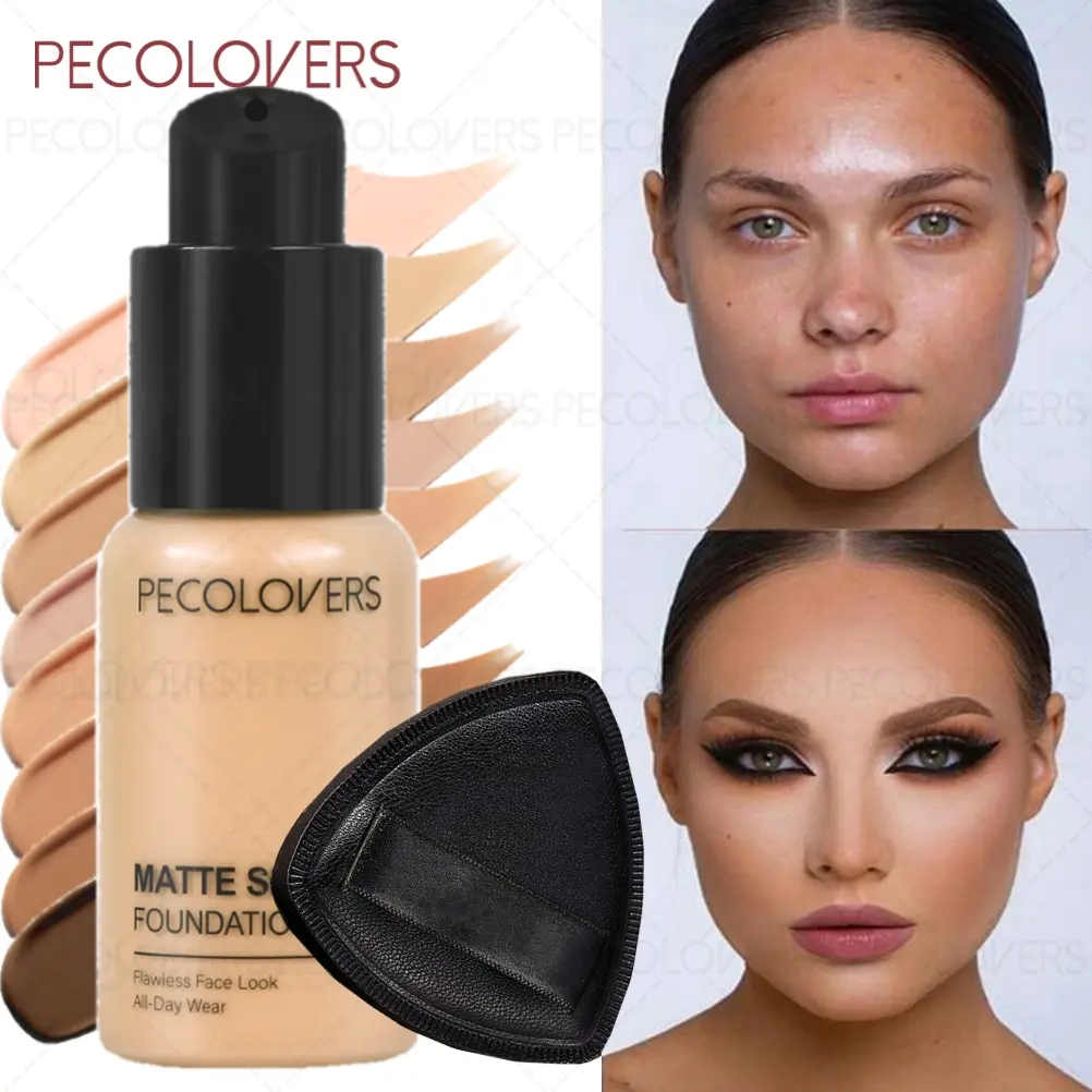1PC Liquid Foundation + Powder Puff - Makeup Combo Matte Set - Covers Dark Circles, Blemishes and Acne Marks, Lightweight, Matte Finish, Waterproof, Suitable for All Skin Types, An Ideal Holiday Gift for Women