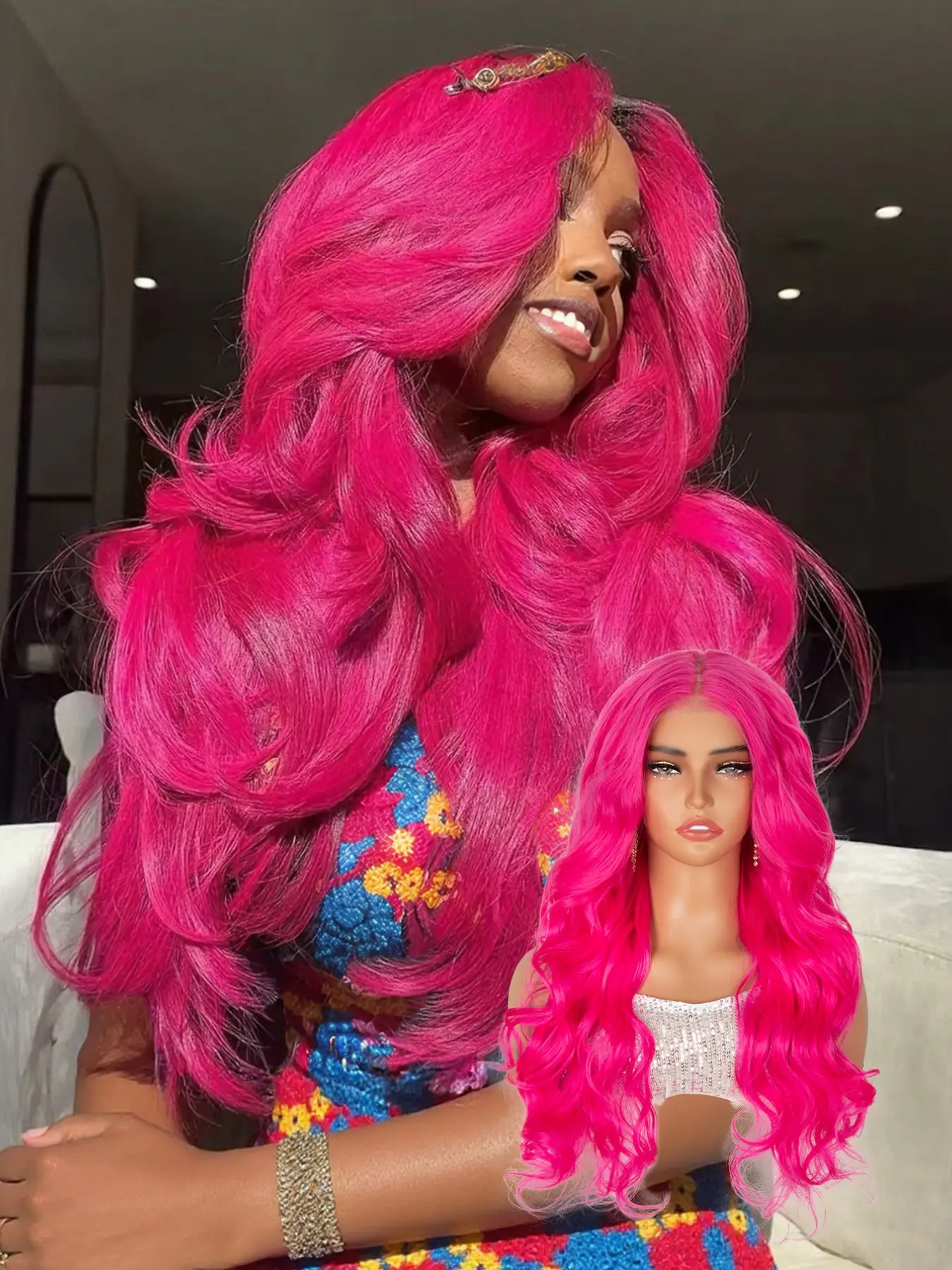 Lehanhair 24 Inch Glueless Long Wavy Synthetic Various Colors 4X6 Lace Wigs for Women, Gorgeous Fashion Fluffy Wigs without Bangs, Synthetic Wigs for Party, New Year Christmas Daily Use