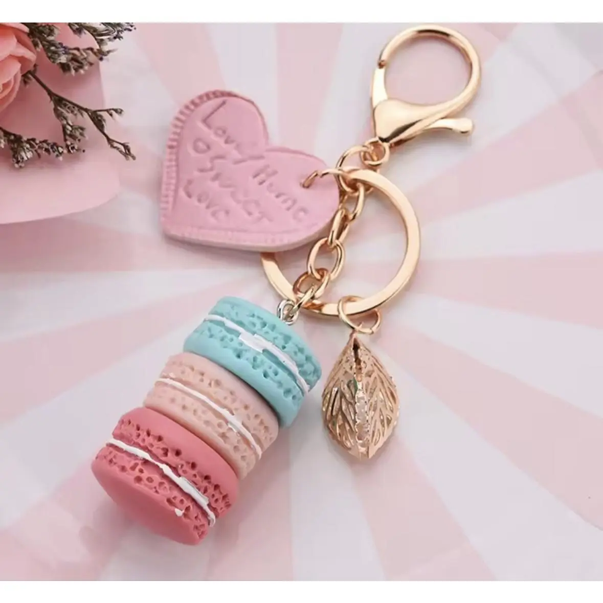 Women's Multi-Color Macaron Heart Keychain, Alloy Leaf Charm Bag Pendant Key Ring, Ideal Party Gift Fashion Costume Jewelry, Macaron Keychain