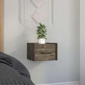 Boa Floating Nightstand End Table Side Table Wall-Mounted Single Drawer Design with Handle- Dark Brown - Bedroom