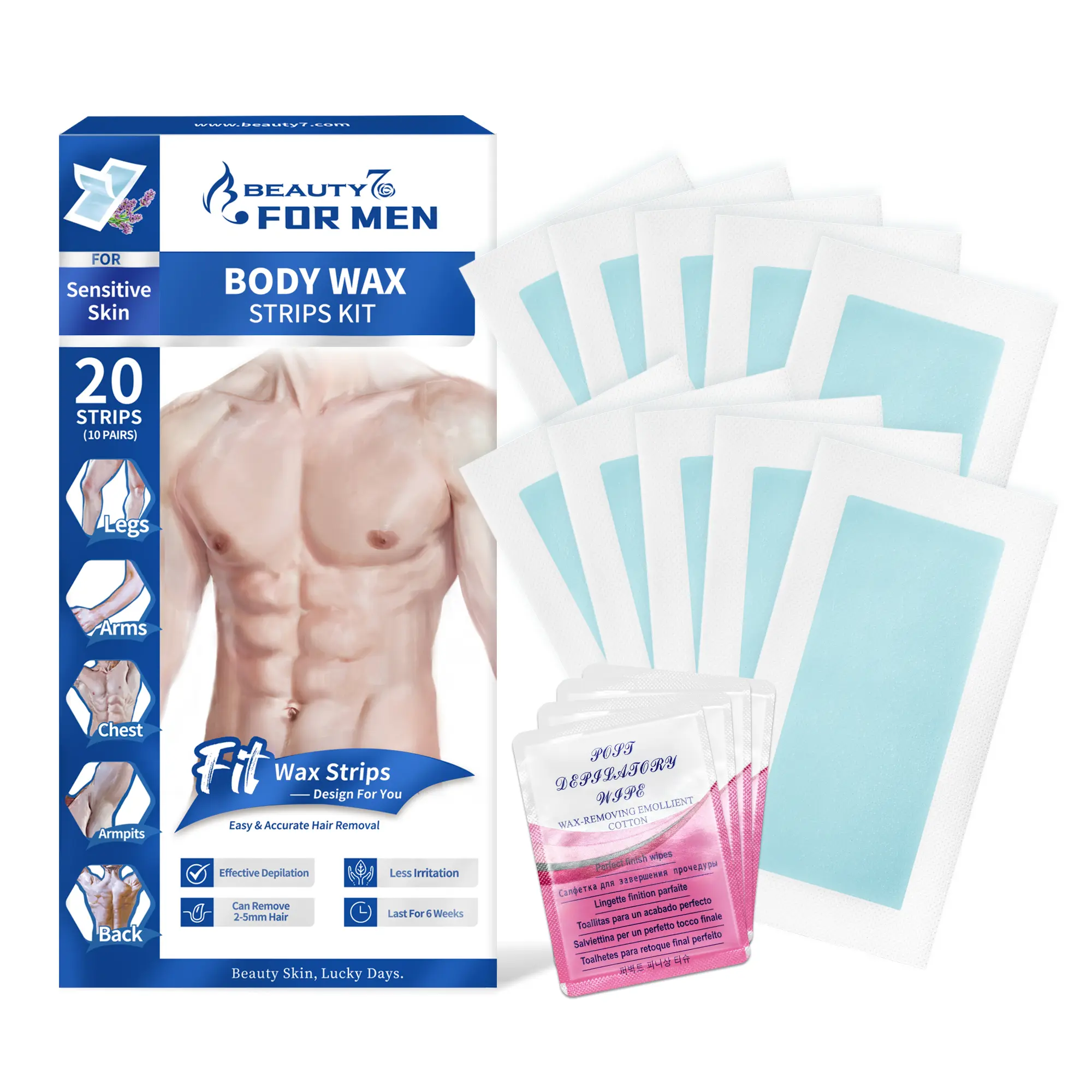 Beauty7 Men's Fragrance-Free Beeswax Waxing Kit - Double-Sided Cold Wax Strips for Smooth Hair Removal, Sensitive Skin Beauty Skin Care, 20 Strips, 4 Calming Oil Wipes, Gentle At-Home Face & Chest Use