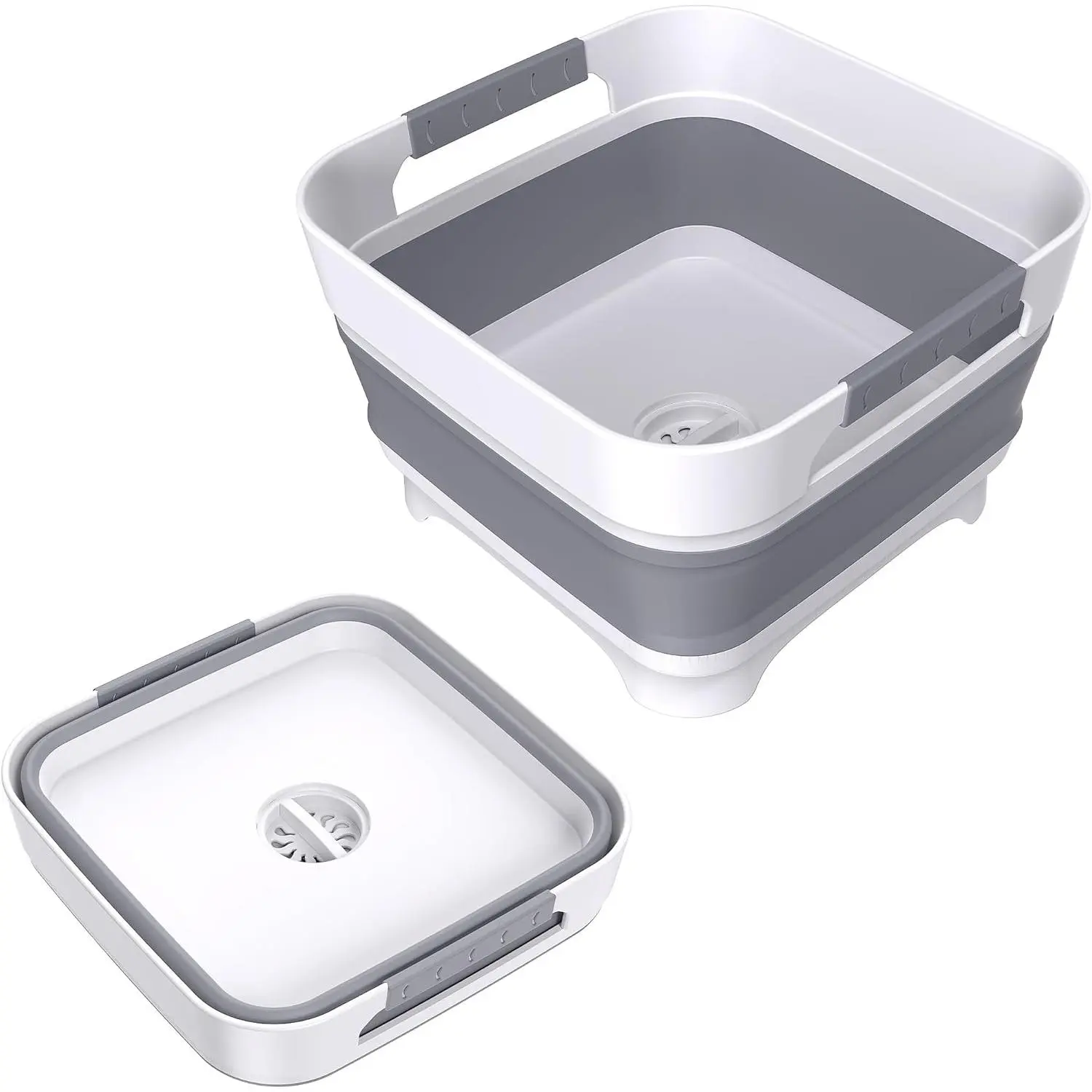 Collapsible Dish Basin with Drain Plug, 9L(2.4Gal) Capacity, Space Saving Portable Sink for  bottle, Kitchen, Camping& RV, Gray