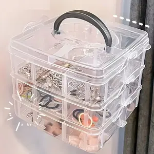 3-Layer Stackable Storage Box with 18 Compartments, Transparent Organizer Case for jewelry storage, craft supplies organization and small item storage, removable compartment design for home organization, desk organizer and DIY accessories storage