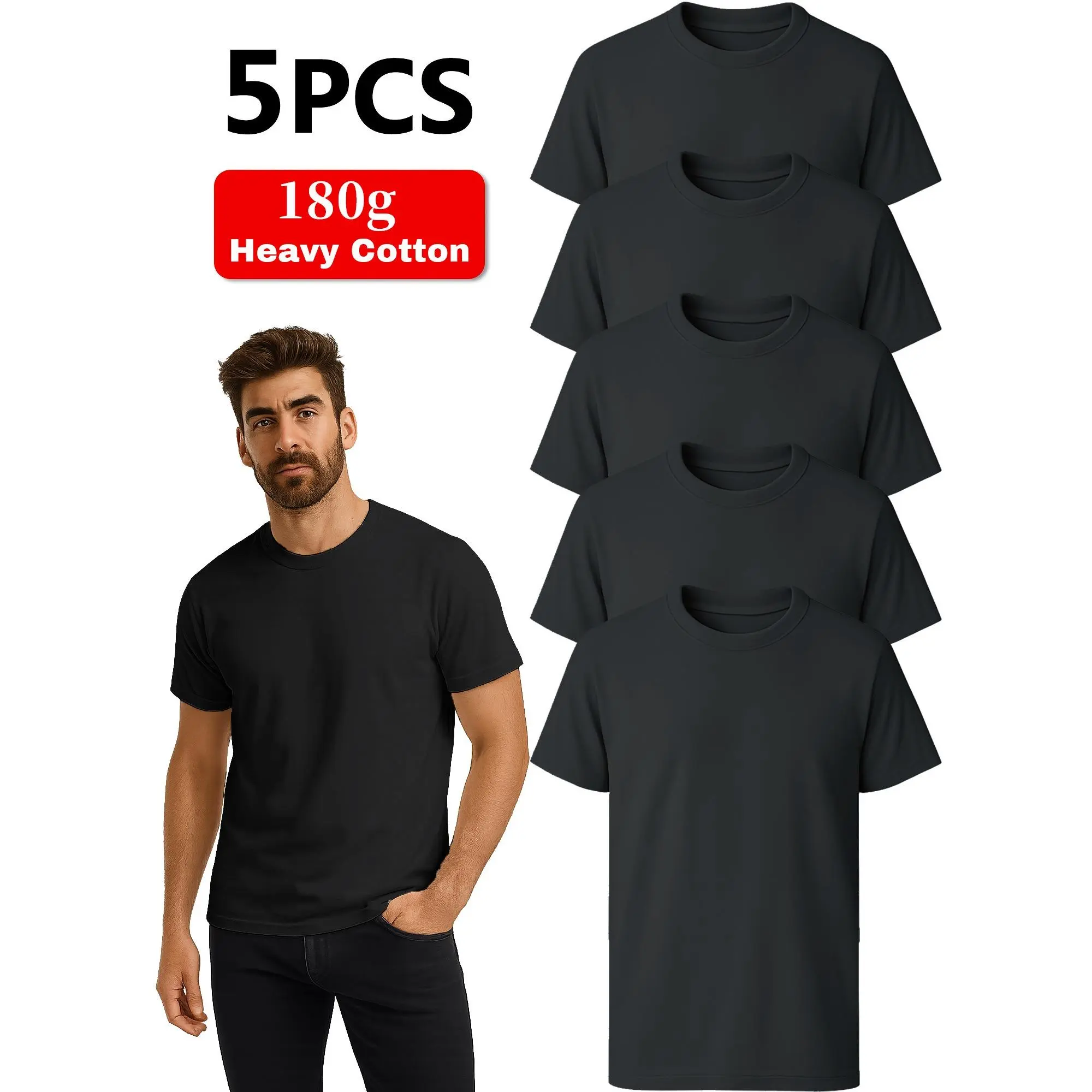 Men's 5-Piece 180g Heavy Cotton Crew Neck Shortsleeve T-Shirt Set - Soft Fabric, Unisex Adult Classic Fit Plain Solid Color Basic Casual Streetwear Apparel, Round Neck