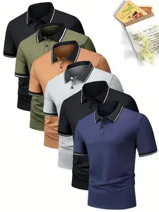 Men's 6-piece premium polo shirt set - button collar, slightly stretchy fabric, suitable for summer workwear formal shirts - short sleeve Dalesan earth yellow knit men's tropical stretch polyester single-layer flat item.