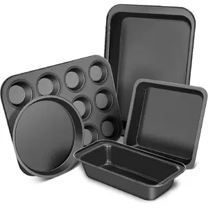 Baking Pan Set, 5-Piece Non-Stick Baking Utensils, Includes Round/Square Cake Pans, Muffin Baking Pans, Oven Baking Paper, Kitchen Cookware Set, Baking Tray, Baking Supplies, Black