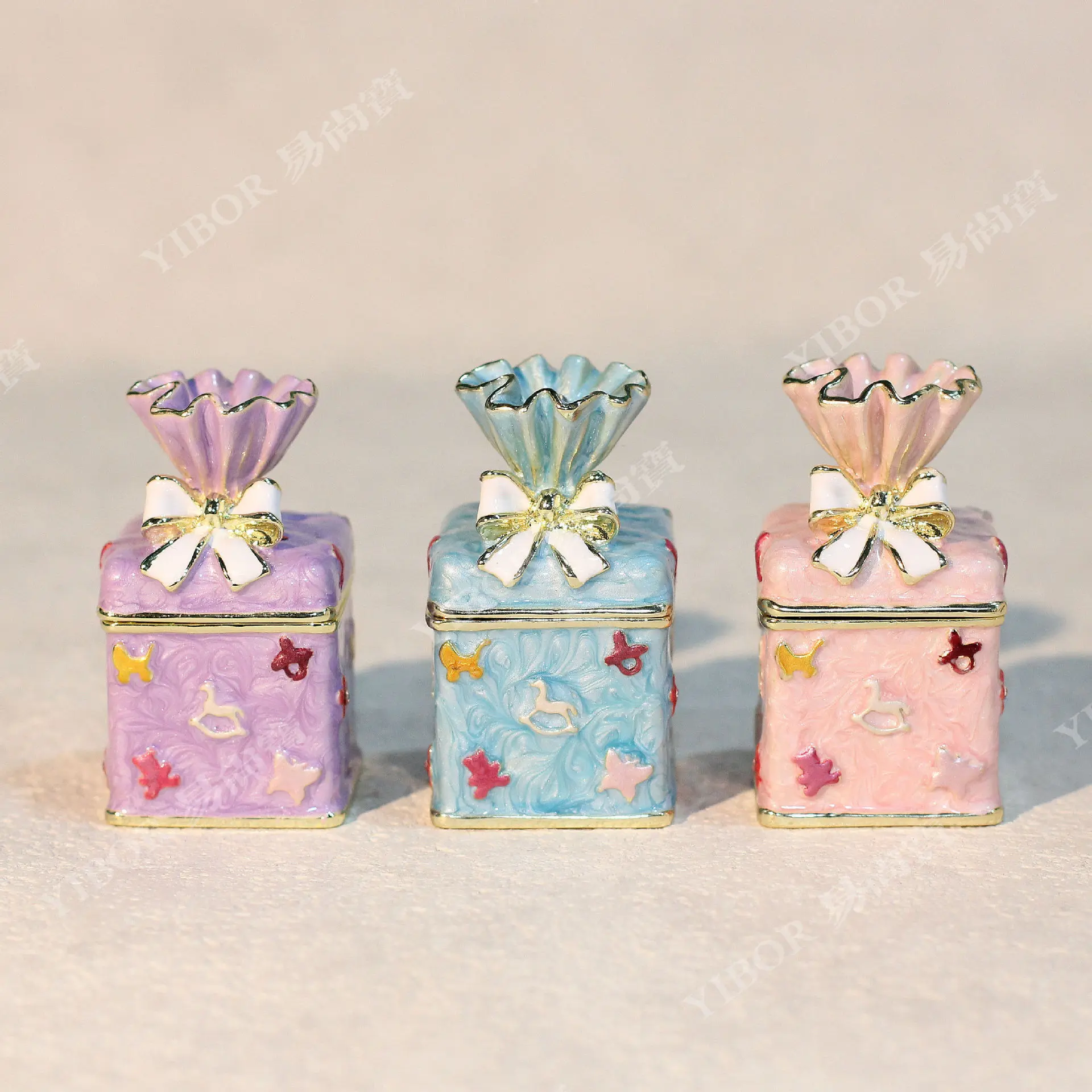 Gift Box Shaped Enamel Trinket Box, Hinged Metal Decorative Jewelry Storage Case, Tabletop Display Ornament & Gift for Women