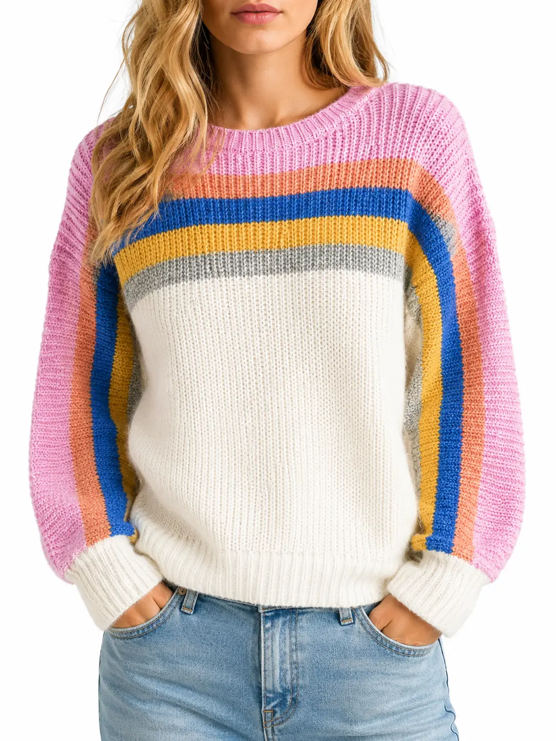 Pastel Stripe Knit Sweater – Cozy Colorblock Crewneck Pullover