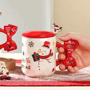 450ML Personalized Bow Handle Ceramic Christmas Cup, Includes Spoon + Lid, Festive Design, Coffee Mug, Water Cup, Stylish Drinkware, Model Xinghao XS-8802-2