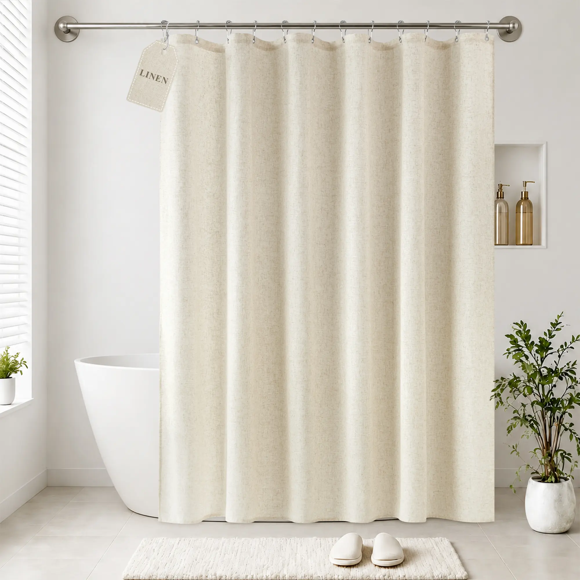 Jowels Linen Shower Curtain with 12 Metal Hooks, Straight Hook-Type Grommets Shower Curtain, Modern Boho Neutral Thick Waterproof Machine-Washable Bathroom Accessory for Home, Hotel Bathtubs, Shower Curtains