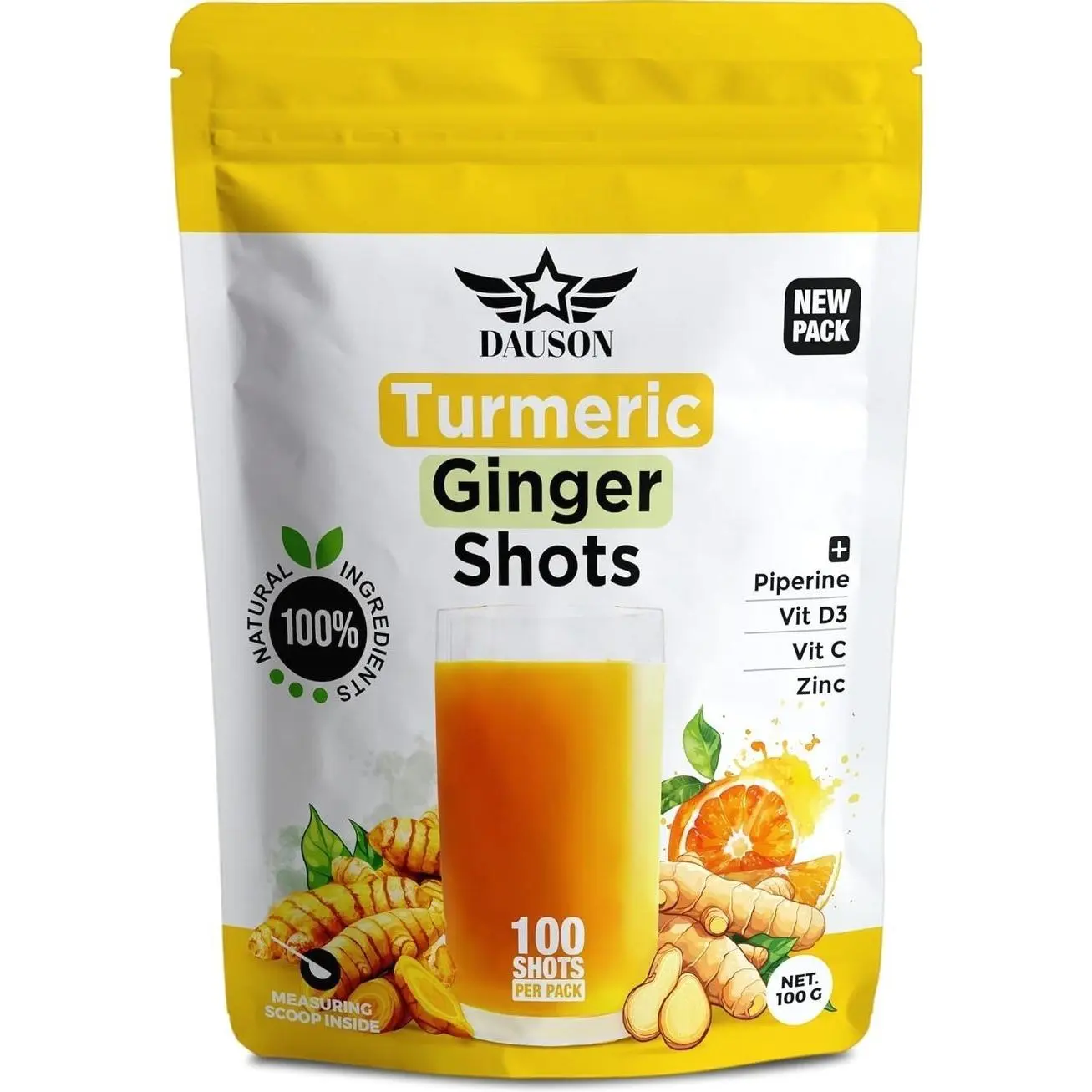 Turmeric Ginger Supplements with Piperine, Vitamin C, Vitamin D3 & Zinc | 100 Servings of Ginger Turmeric Shots for Joint, Heart, Brain, Gut & Skin Health | Ayurved | Powder