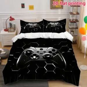 2D Flat 3Pcs Game Controller Theme Bedding, Gaming Gear Cool Gamer Style Comforter Cover-Perfect For Teen Bedroom Decor, Soft Microfiber (1 Duvet Cover+2 Pillowcases, Unfilled)-Suitable Dormitory Home Decoration.
