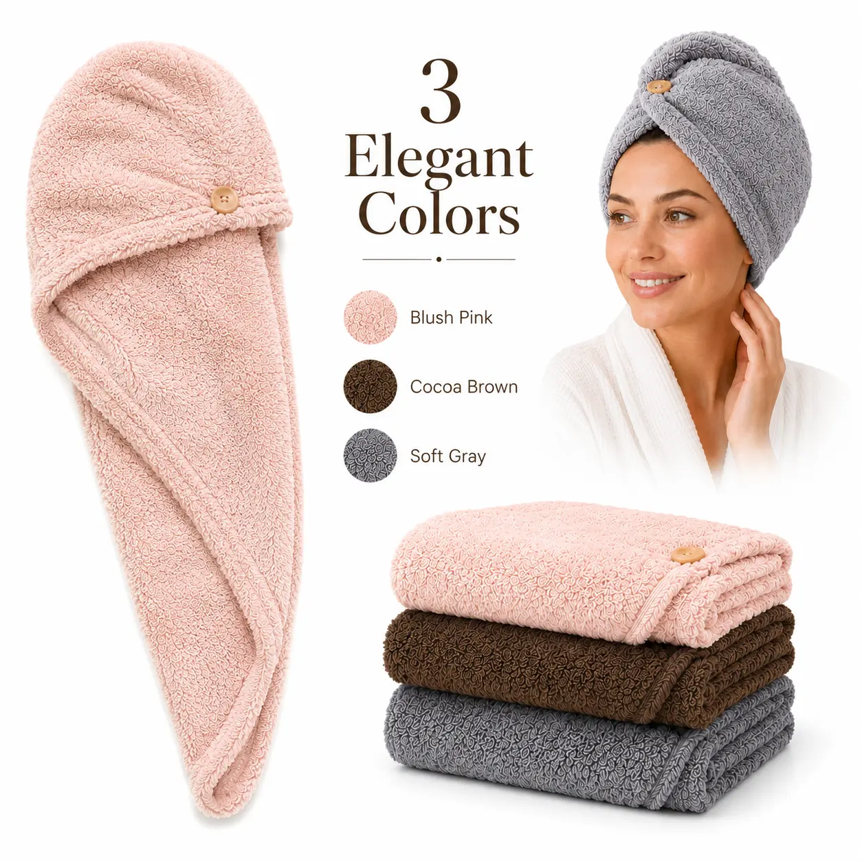 3-Pack Microfiber Hair Turban Caps | Soft Quick-Dry Shower Wraps for Curly, Long & Thick Hair, Gentle Anti-Frizz Hair Care for Daily Use, Spa, Gym & Travel