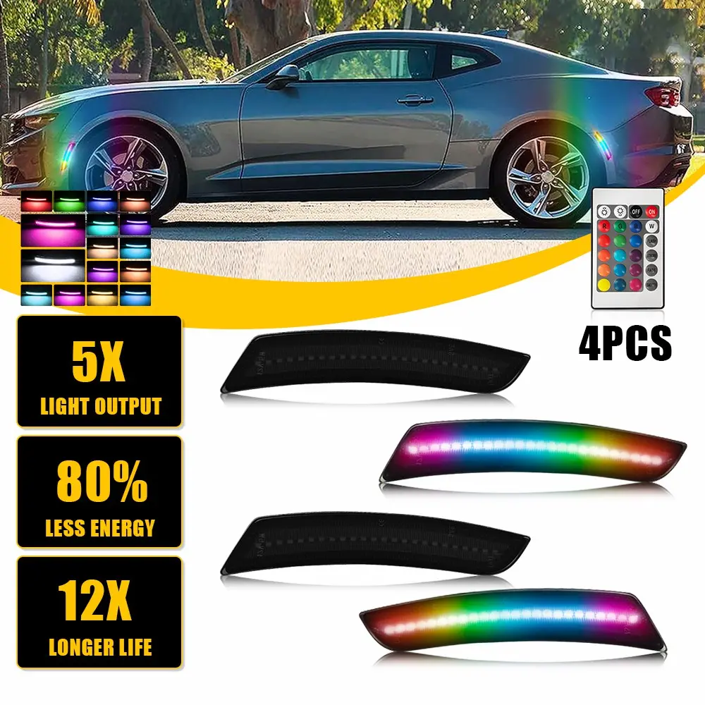 Dynamic RGB LED Side Marker Light For Chevrolet Camaro 2010-2015,2016-2024 Smoked Set of 4