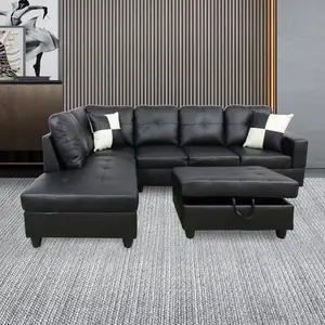 Sectional Sofa Set Leather Living Room Furniture 3 Pieces with Storage Ottoman Black Couches for Living Room Bedroom Apartment Left Hand Facing