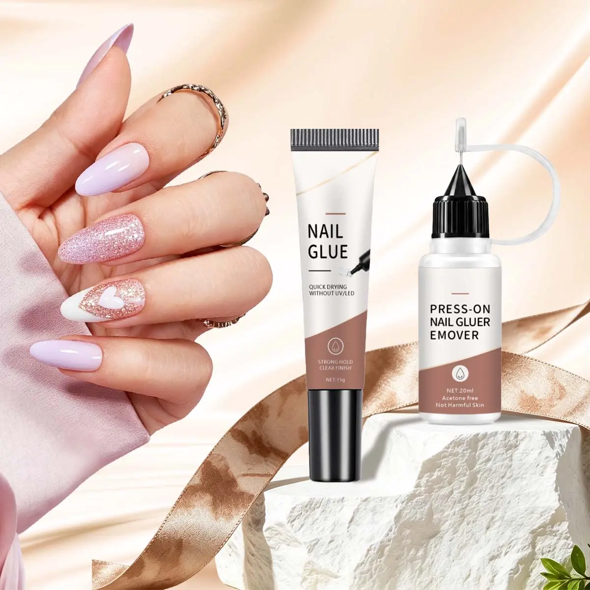 New！15g Quick-Drying Nail Glue with 20ml Remover – Rapid Dissolve Removal, Gentle on Natural Nails, Effortless Coating, Long Wear Bond Gel for Press-On Nails, Acrylic Tips, Salon Nail Kits – No UV Lamp Needed for DIY Salon