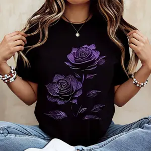 Purple Rose Floral Print T Shirt Casual Loose Fit For Everyday Wear And Light Activities