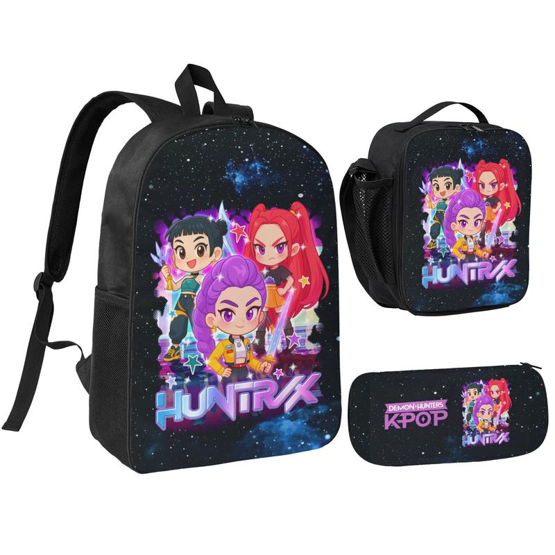 3PCS Functional K-POP Demon Hunters Backpack Set - Black Large Capacity Laptop Schoolbag + Portable Lunch Bag + Pencil Case, Fashionable Bag for Teens Men Women, Perfect for Daily Use & Gift Giving