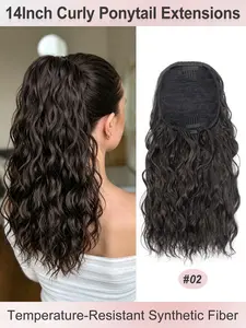 14inch 35cm Deep Brown Deep Wave Clip-On Ponytail Wig – Heat-Resistant Synthetic Fiber, Creates a Natural Curly Hairstyle, Suitable for Women's Daily Use and Styling, Voluminous Curly Hair, Heat-Resistant Fiber, Hair Accessory