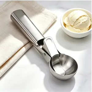 Stainless Steel Ice Cream Spoon, Adjustable Trigger Mechanism, Ergonomic Handle, Dishwasher Safe, Ideal for Frozen Desserts and Melon Balls