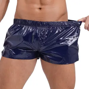 Men Male Wet Look Sides Slit Trunks Shorts Low Rise Solid Color Swimming Pool Party Underwear Slim Fit Shorts Night Club Costume