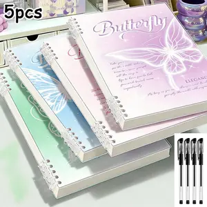 5-Piece Set Includes Spiral Notebook + 4 Pens, Beautiful Butterfly Ring-Bound Notebook, A5/b5 Size, 60 Pages, Detachable Binding, Journal Kit Set