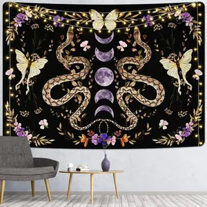 Snake Tapestry Floral Plants Wall Tapestry Moon Phase Tapestries Boho Mandala Tapestry Wall Hanging Large Butterfly Tapestry for Bedroom Aesthetic, Black Purple (51.2 x 59.1 inches)