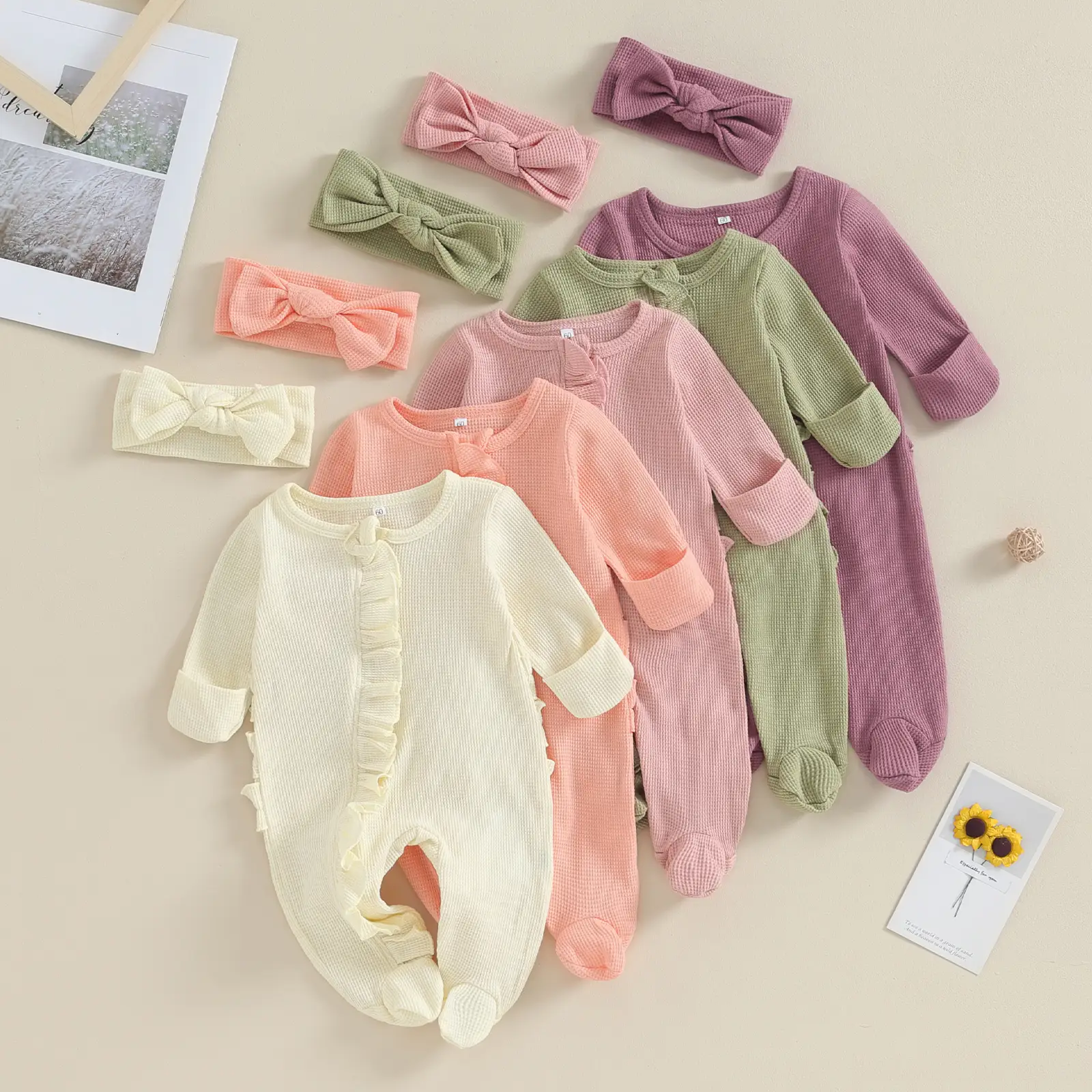 Infant Girl Footies Rompers Solid Color Frills Crew Neck Long Sleeve Baby Jumpsuits Newborn Clothes Bodysuits with Headband