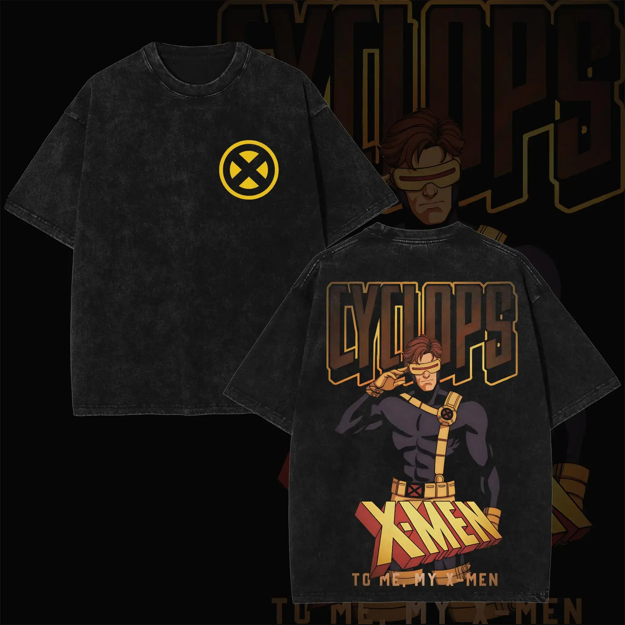 Retro Cyclops "X-Men Team Leader" Edition Graphic Double-Sided Vintage Washed T-Shirt, Unisex Oversized Heavyweight Cotton Streetwear Top, Ideal Gift for MCU Fans & Mutant Superhero Collectors