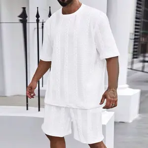 Two-piece Set Men’s Casual Summer Outfit, Textured Drawstring Waist Shorts & Short Sleeve T-shirt, Streetwear ,  Design, Lightweight & Breathable, Ideal for Back to School or Weekend Wear, Men’s 2-Piece Matching Set, Everyday Comfort Clothe Menswear Suits